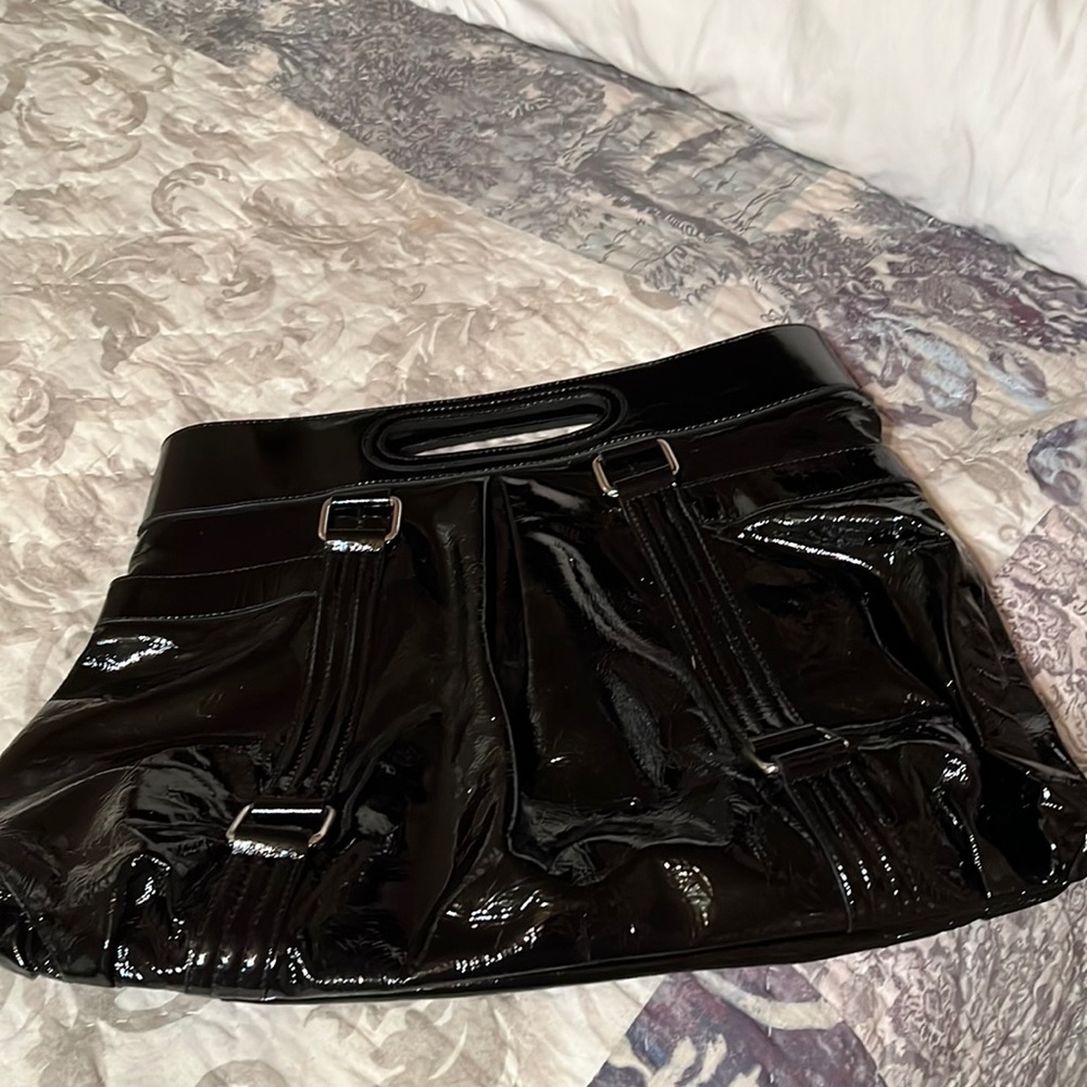 Black patent leather satchel